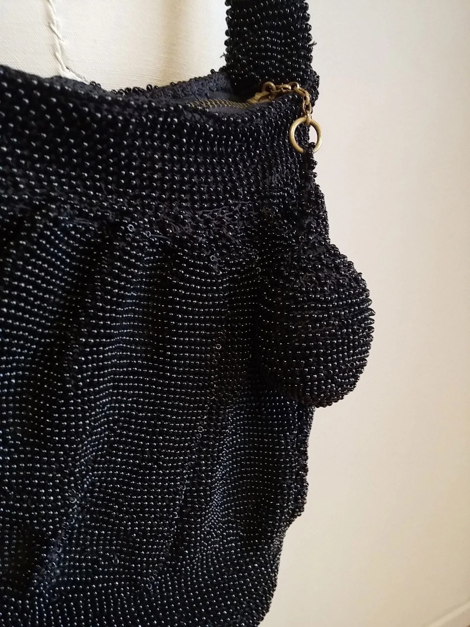 * VINTAGE 1940s BLACK BEADED PURSE WITH TONS OF TINY BEADS AND A BEADED POM POM PULL
