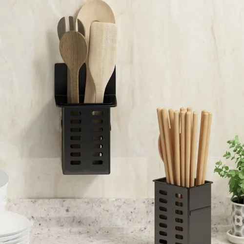 1pc Black Color Wall-Mounted Storage Basket Multi-Functional Kitchen Shelf, Without Drilling For Storage.