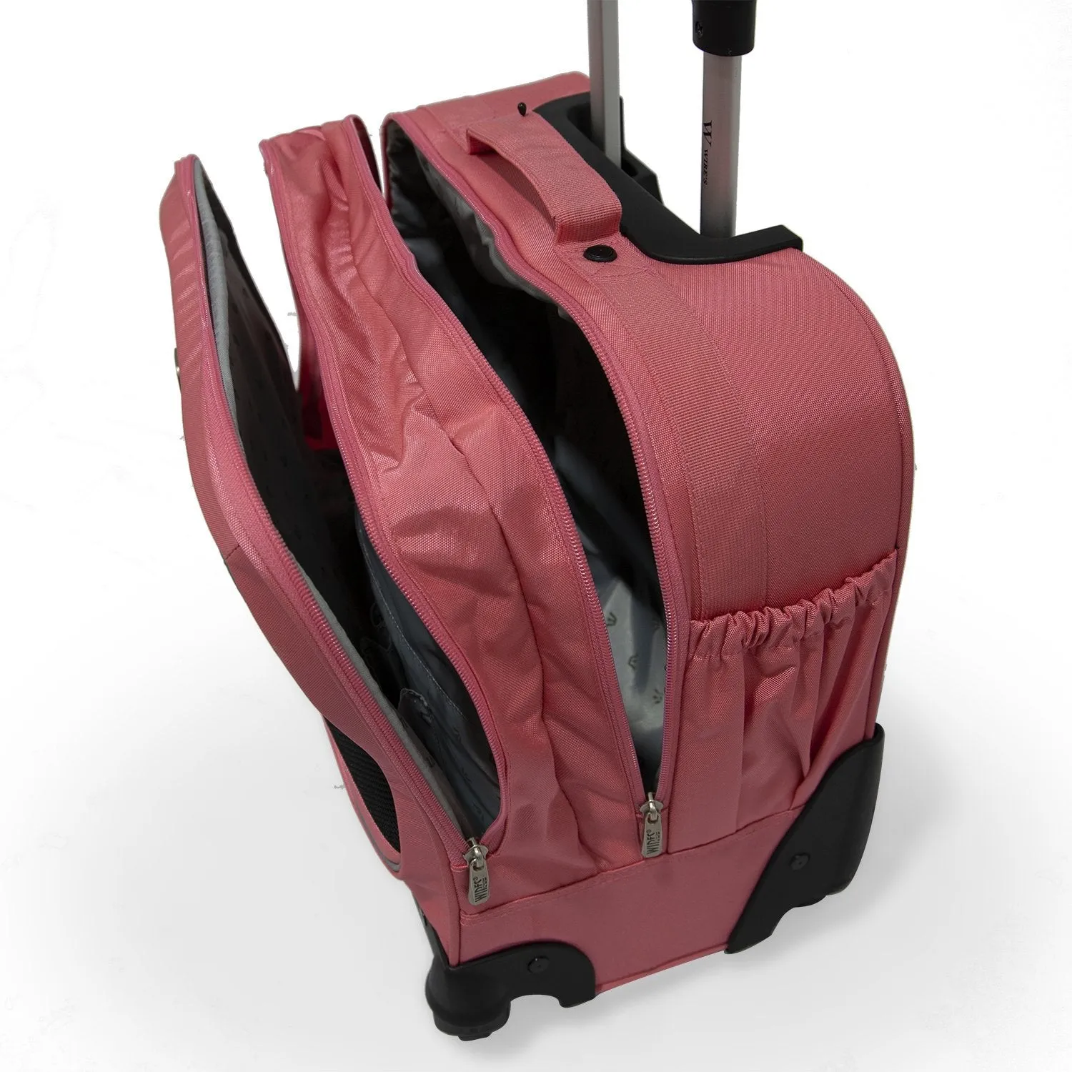 5 Pieces Set - 4 Wheels School Bag trolley with Lunch Bag   Pencil Case   Water Bottle & Wires Stationary Pink