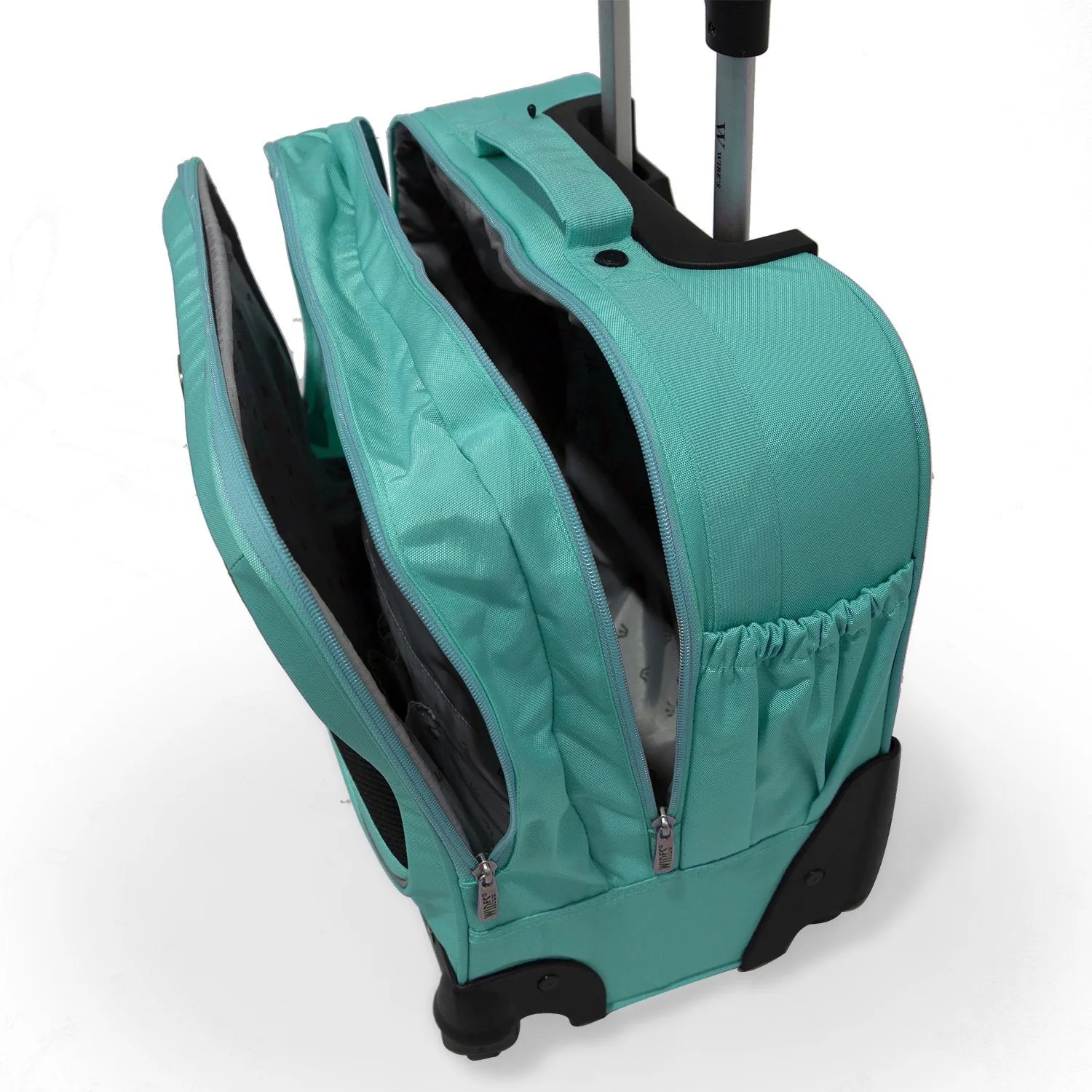 5 Pieces Set - 4 Wheels School Bag trolley with Lunch Bag   Pencil Case   Water Bottle & Wires Stationary Teal