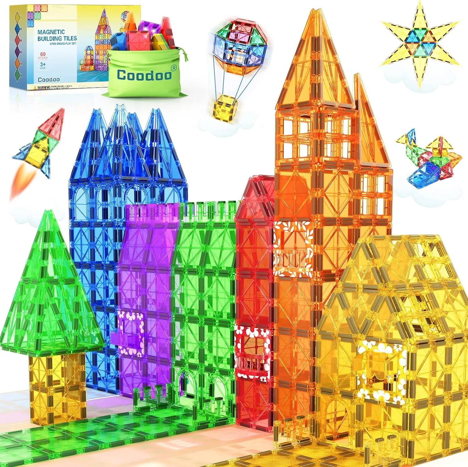 60 PCS Magnetic Building Tiles Kids Toys STEM Magnetic Blocks Sensory Toys Kids Games Magnet Building Toys for Boys and Girls Aged 3 , Kids Brain Development Preschool Kindergarten Toddler Toys