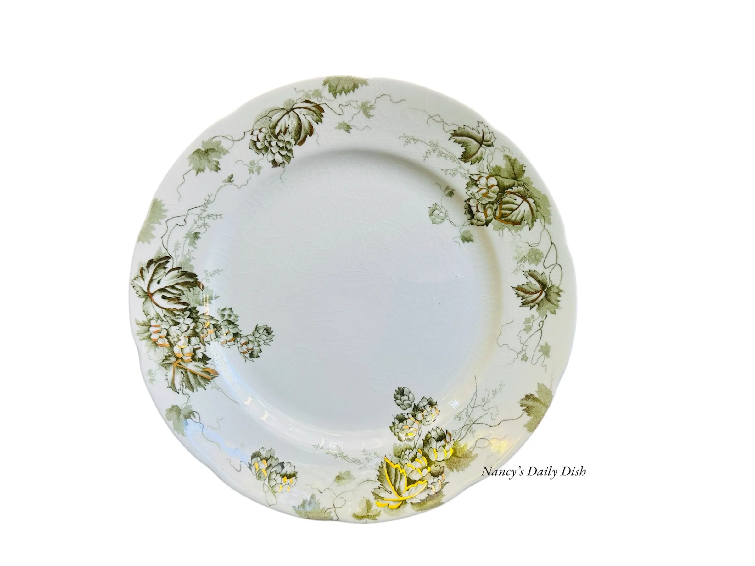 7" Antique Aesthetic Alfred Meakin Green Transferware Plate Hops / Holden & Gold Highlights