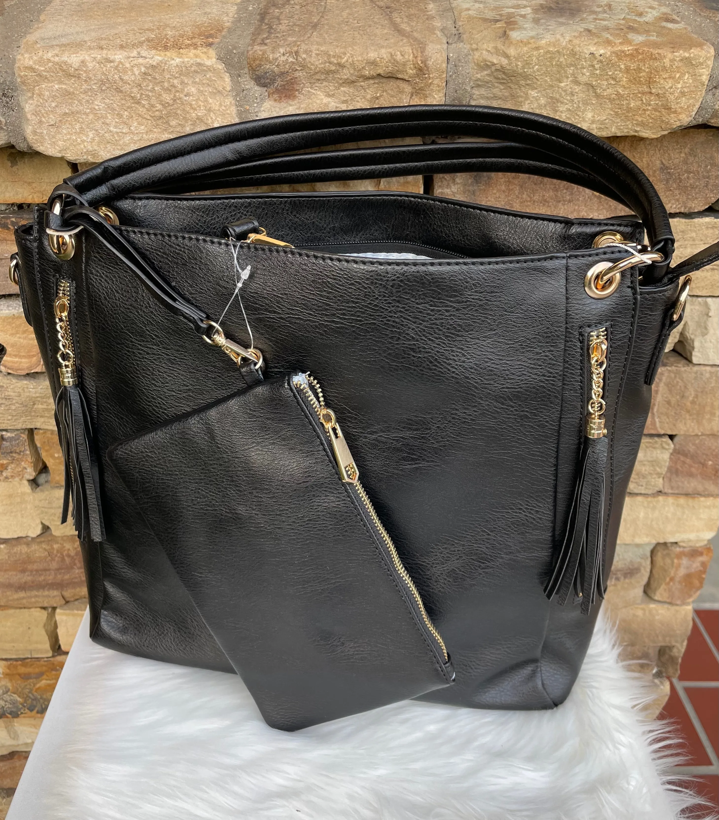 Black Set of 2 Boho Purse w/Short or Long Strap & Wristlet