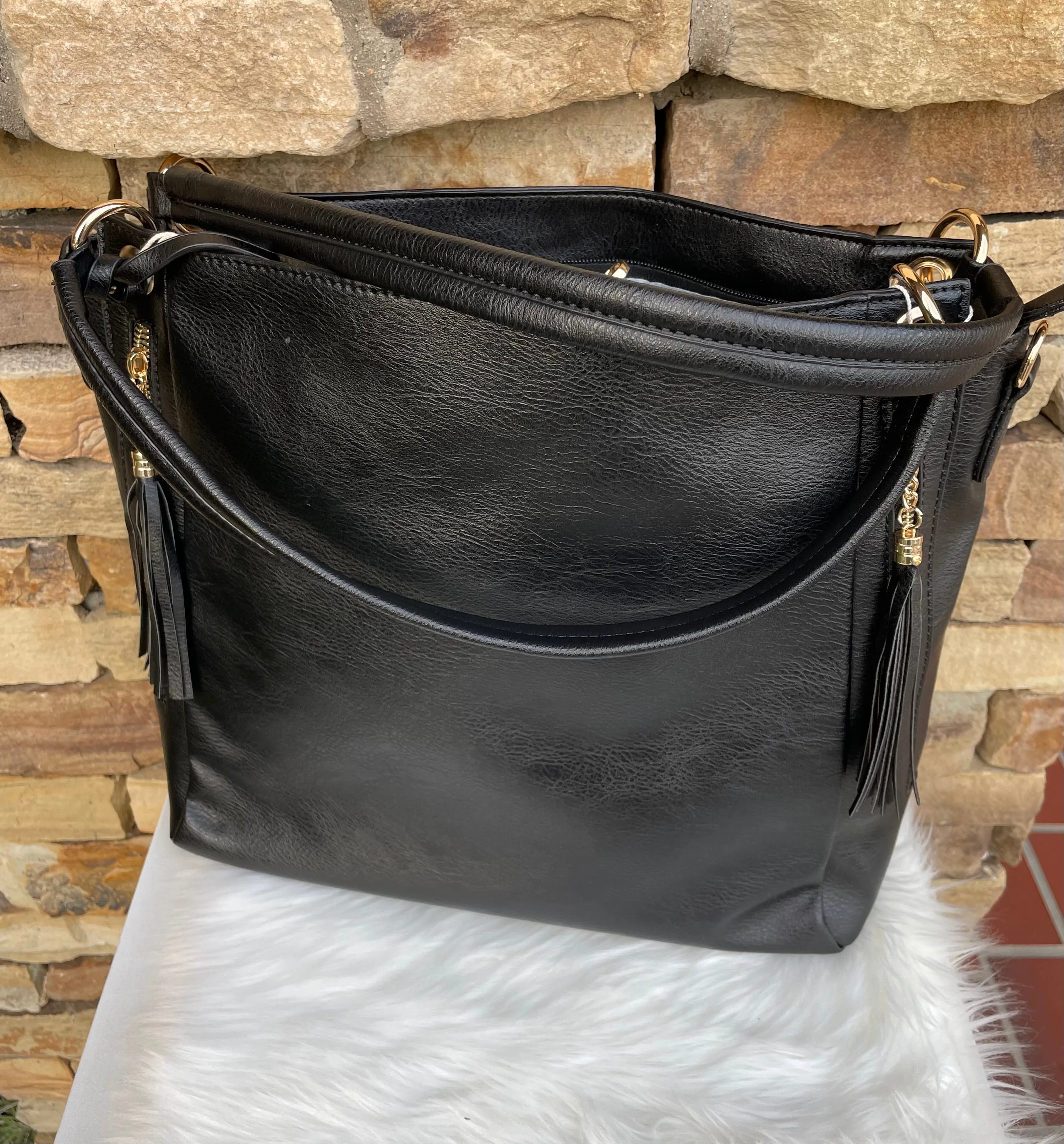 Black Set of 2 Boho Purse w/Short or Long Strap & Wristlet