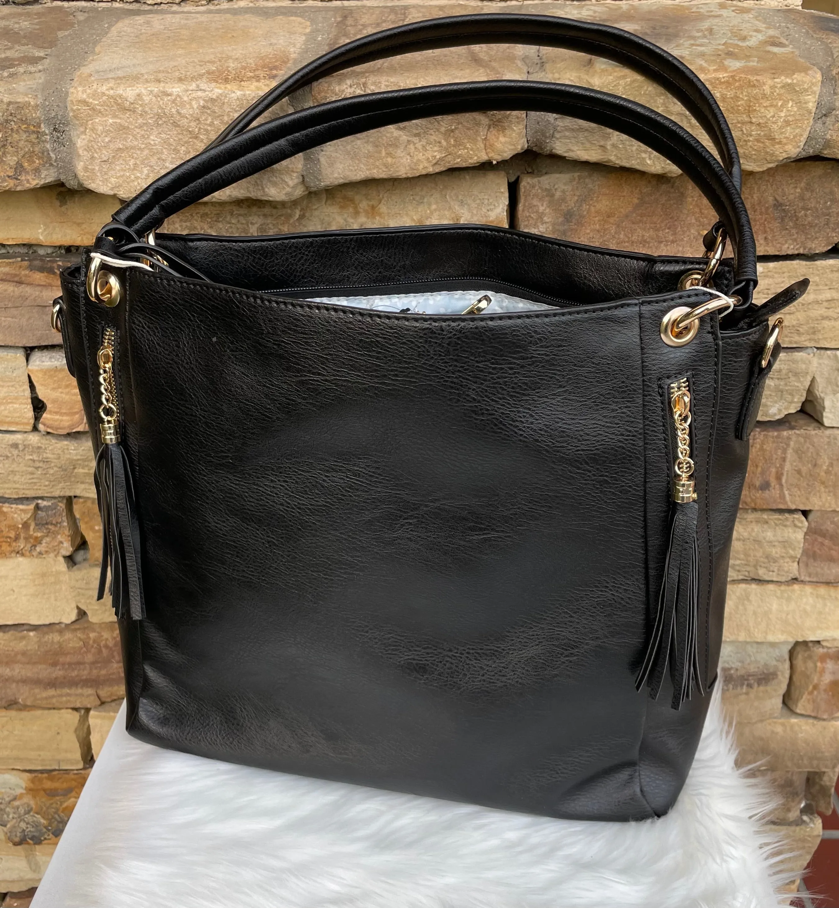 Black Set of 2 Boho Purse w/Short or Long Strap & Wristlet