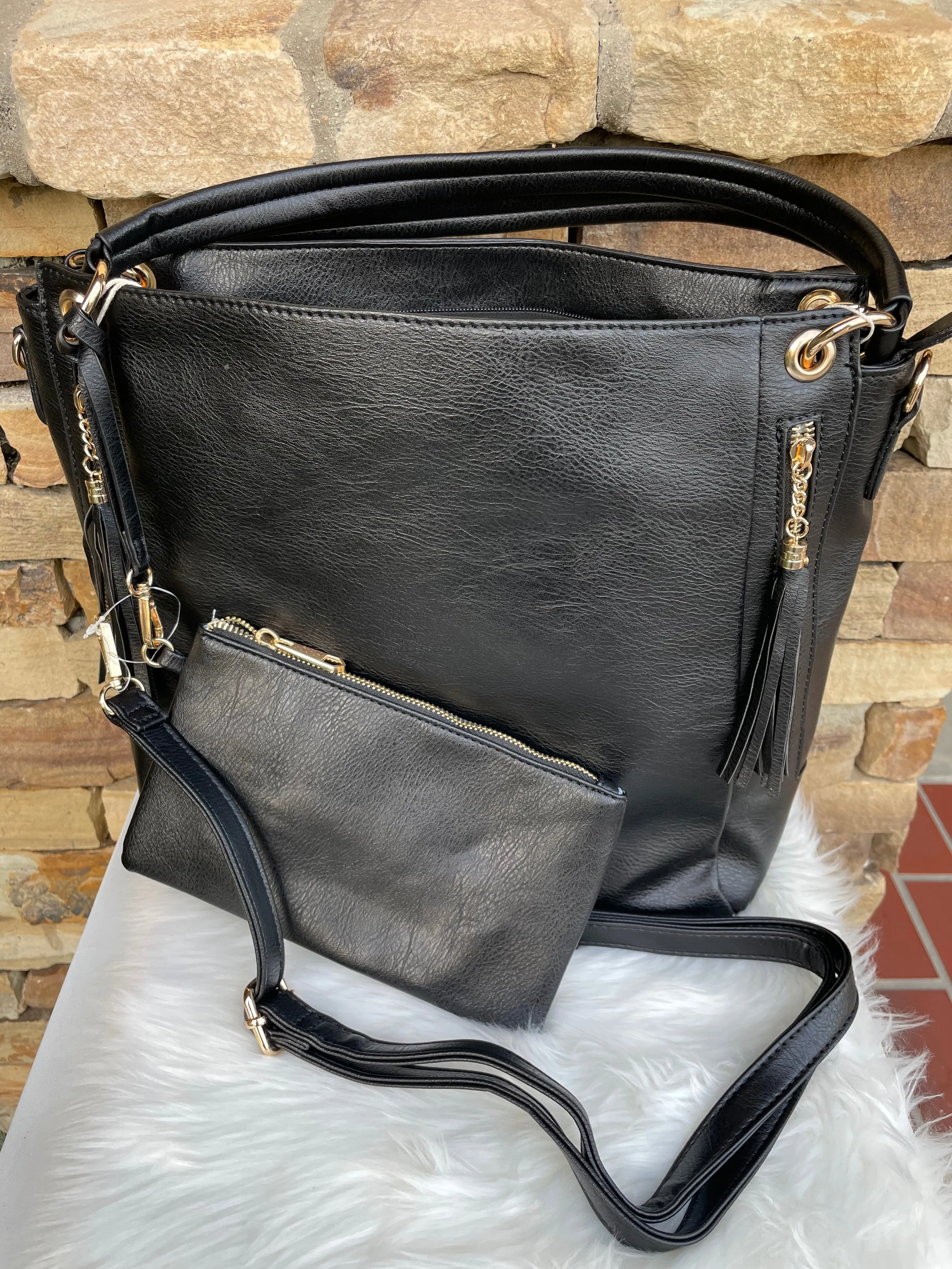 Black Set of 2 Boho Purse w/Short or Long Strap & Wristlet