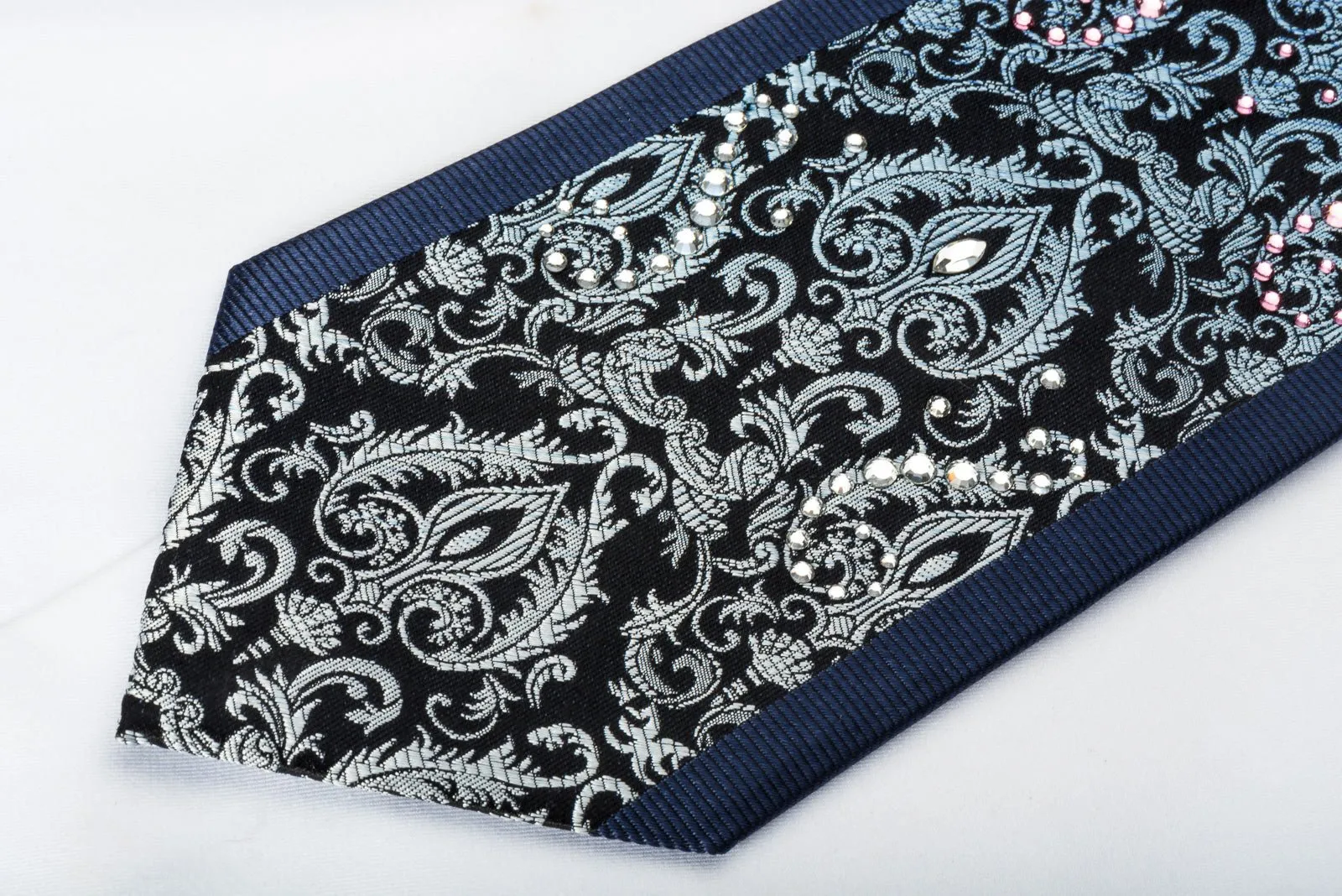 Daniel Hechter Silk Tie Silver Blue Damask On Navy Blue With Large Crystal Rhinestones