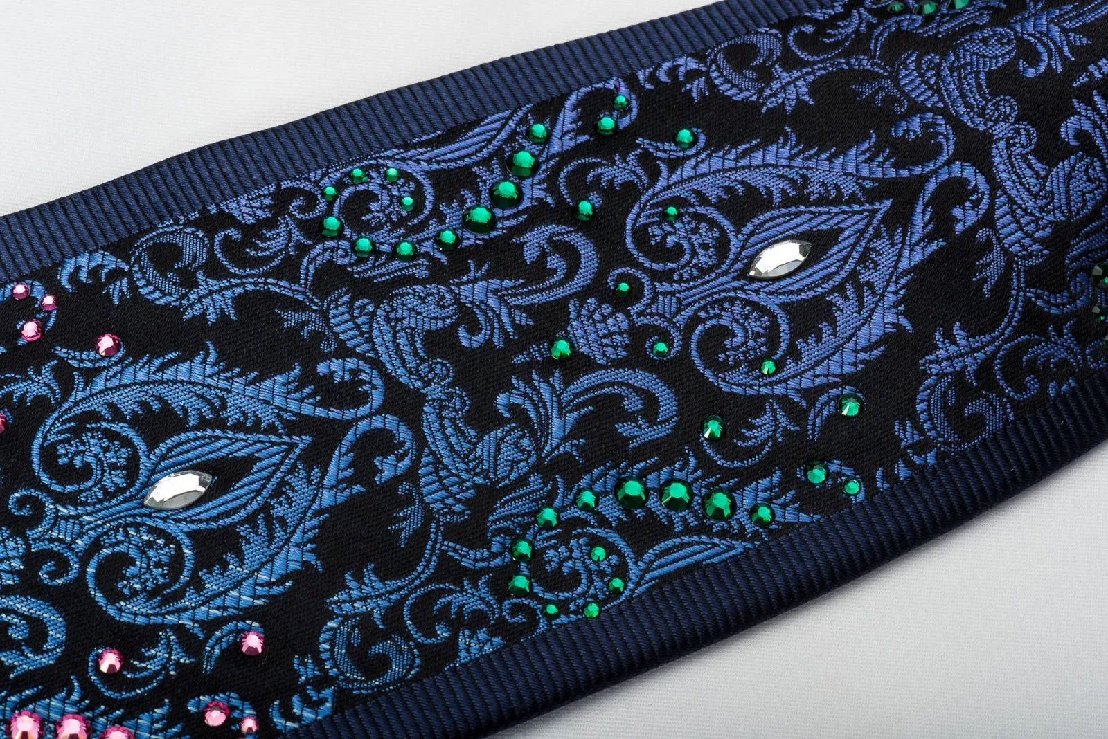 Daniel Hechter Silk Tie Silver Blue Damask On Navy Blue With Large Crystal Rhinestones