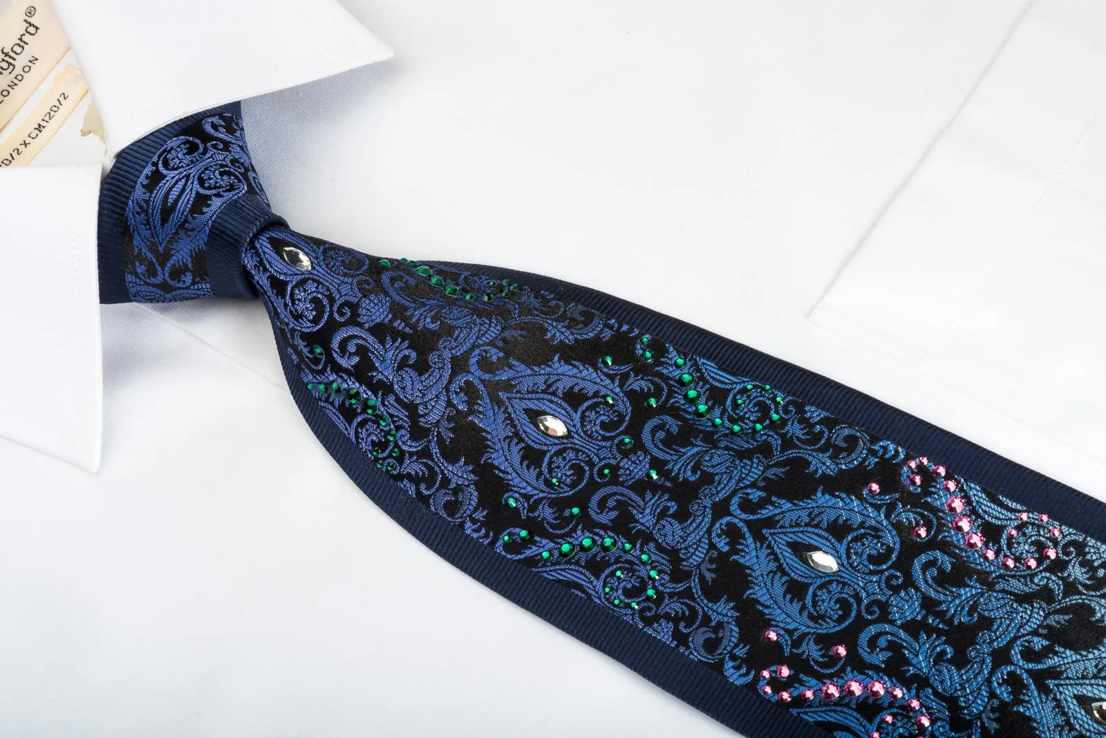 Daniel Hechter Silk Tie Silver Blue Damask On Navy Blue With Large Crystal Rhinestones