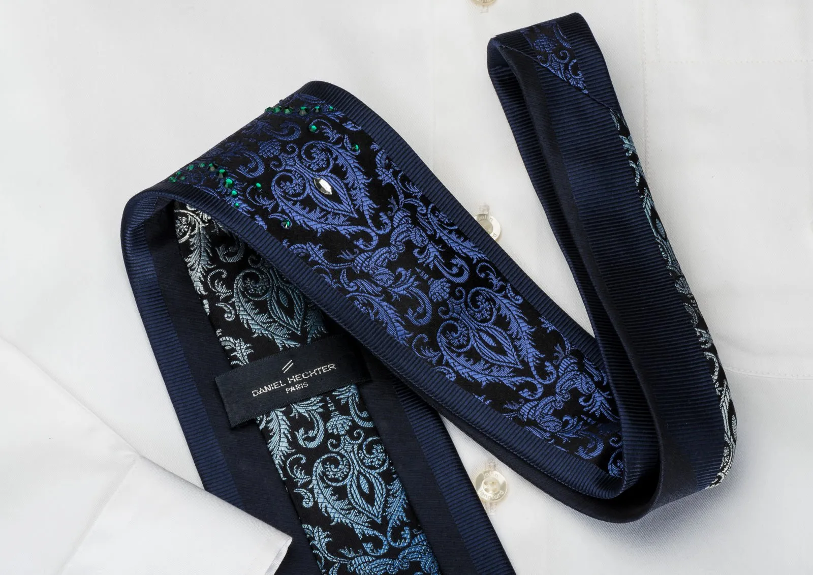 Daniel Hechter Silk Tie Silver Blue Damask On Navy Blue With Large Crystal Rhinestones