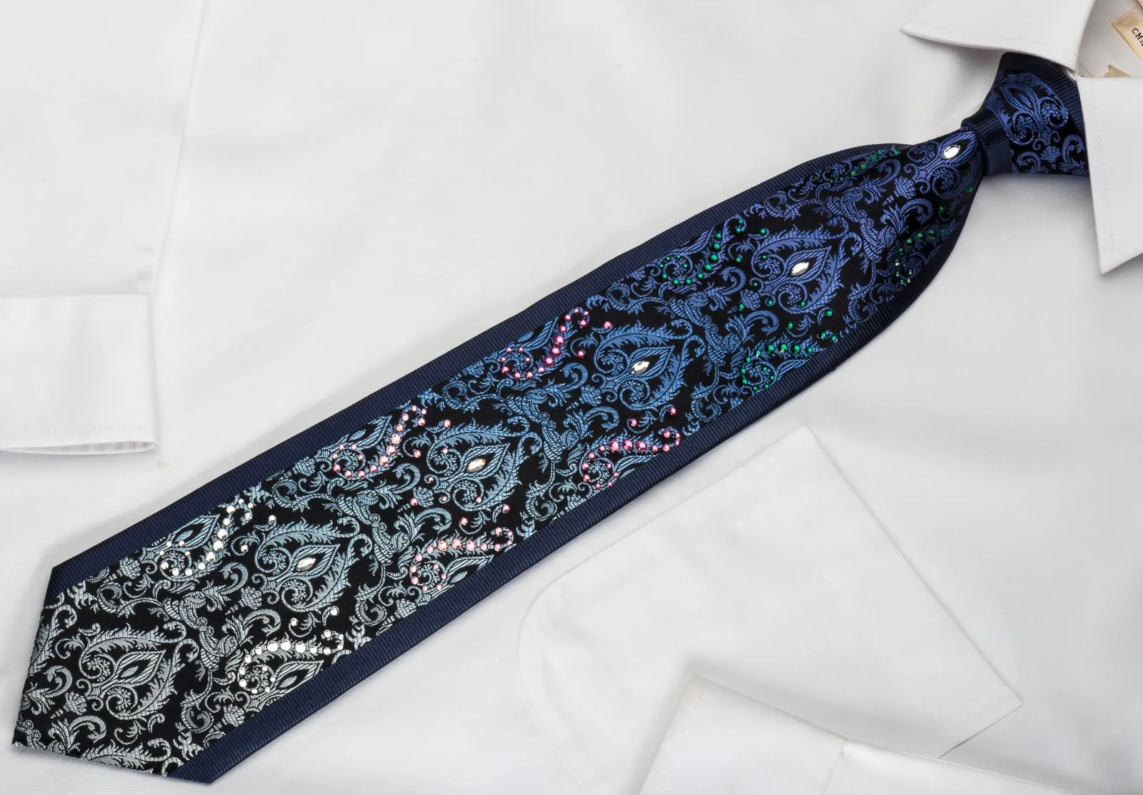 Daniel Hechter Silk Tie Silver Blue Damask On Navy Blue With Large Crystal Rhinestones