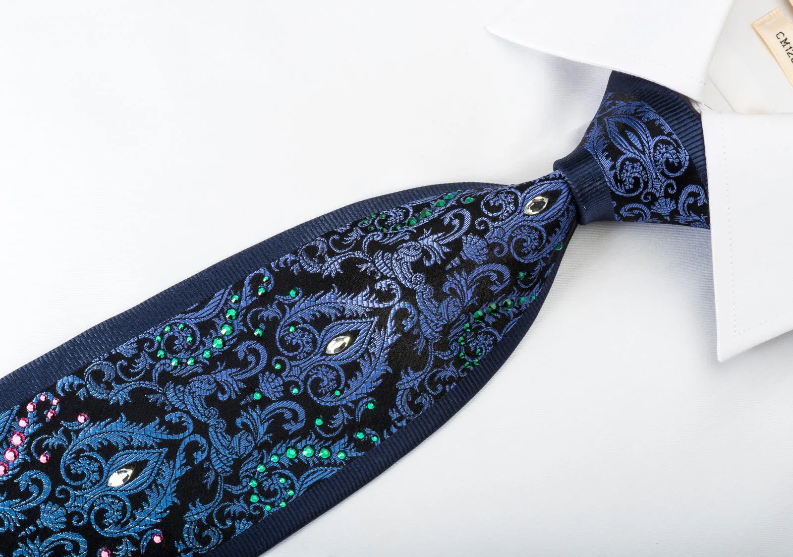 Daniel Hechter Silk Tie Silver Blue Damask On Navy Blue With Large Crystal Rhinestones