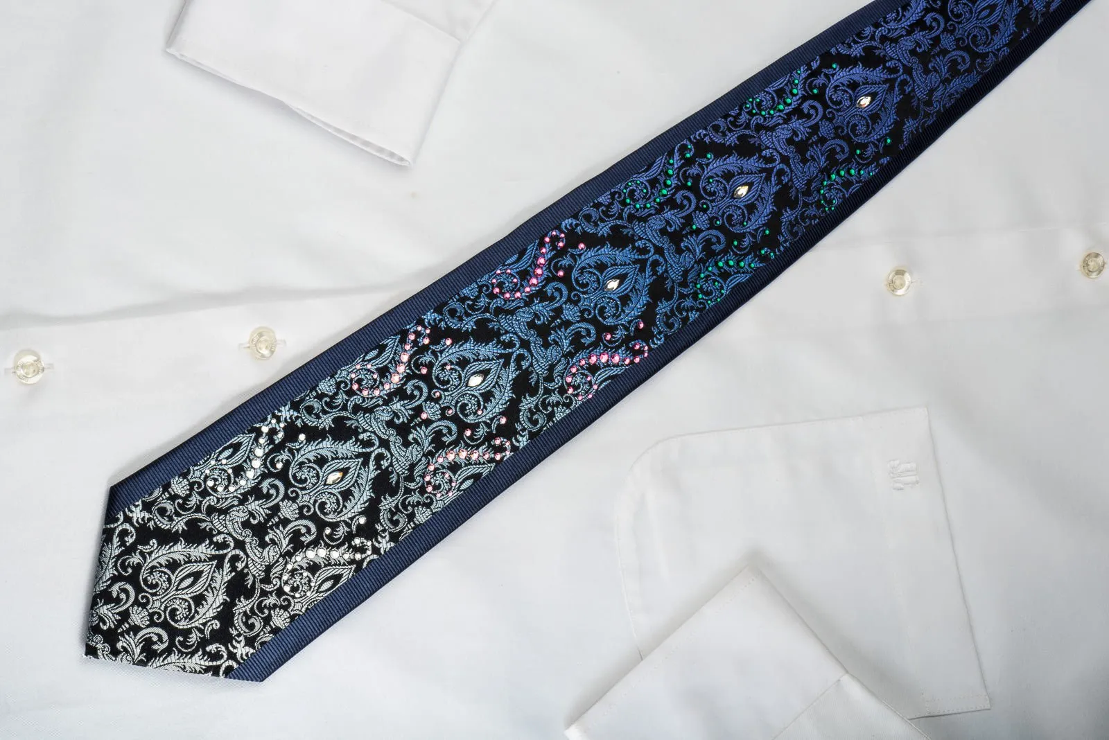 Daniel Hechter Silk Tie Silver Blue Damask On Navy Blue With Large Crystal Rhinestones