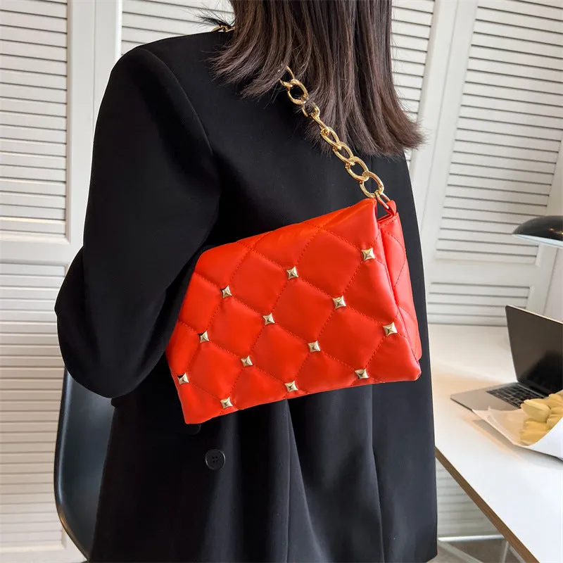 F7005 Soft Pu Bag Women's Fashion Rivet Rhombus Thick Chain Shoulder Underarm Women's Bag Bags Wholesale