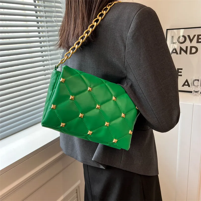F7005 Soft Pu Bag Women's Fashion Rivet Rhombus Thick Chain Shoulder Underarm Women's Bag Bags Wholesale