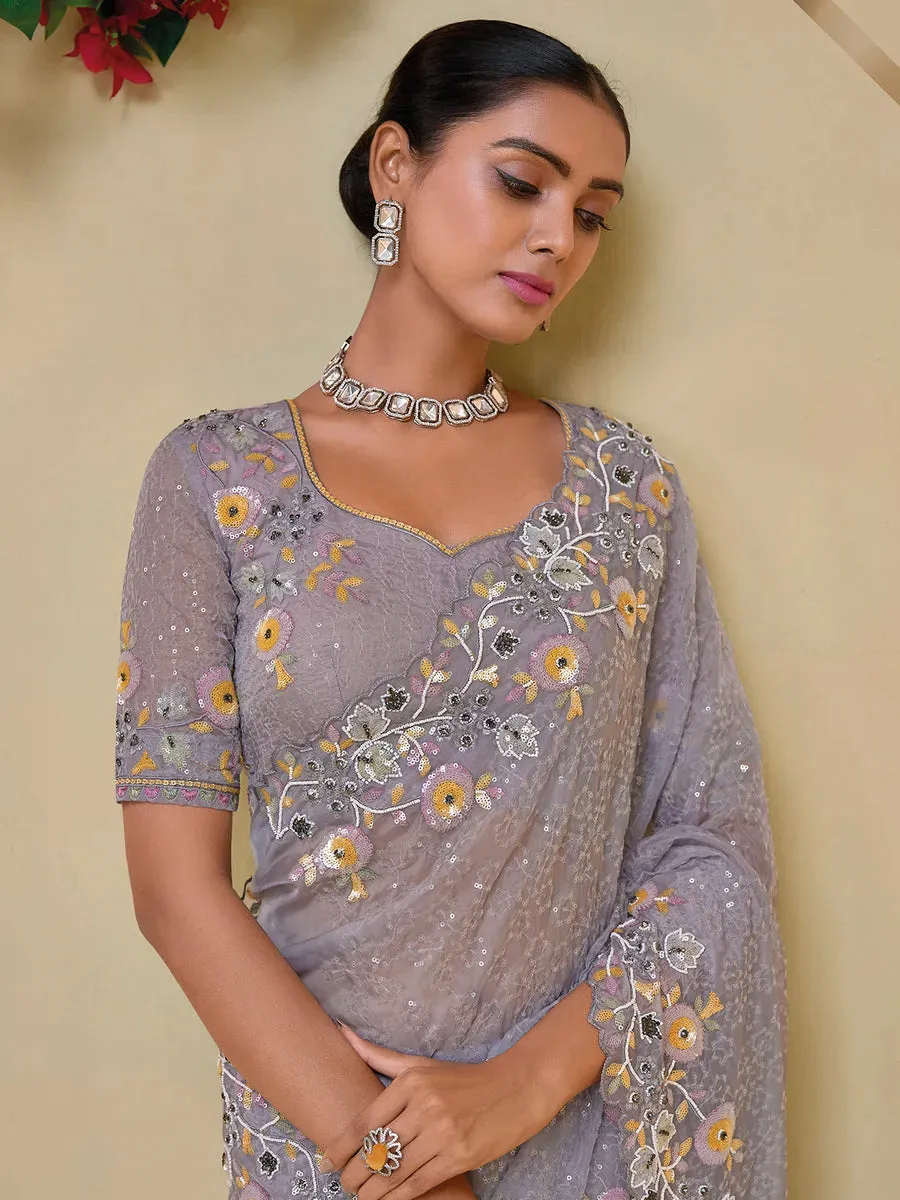 Graceful Grey Banarasi Silk Embroidered Saree