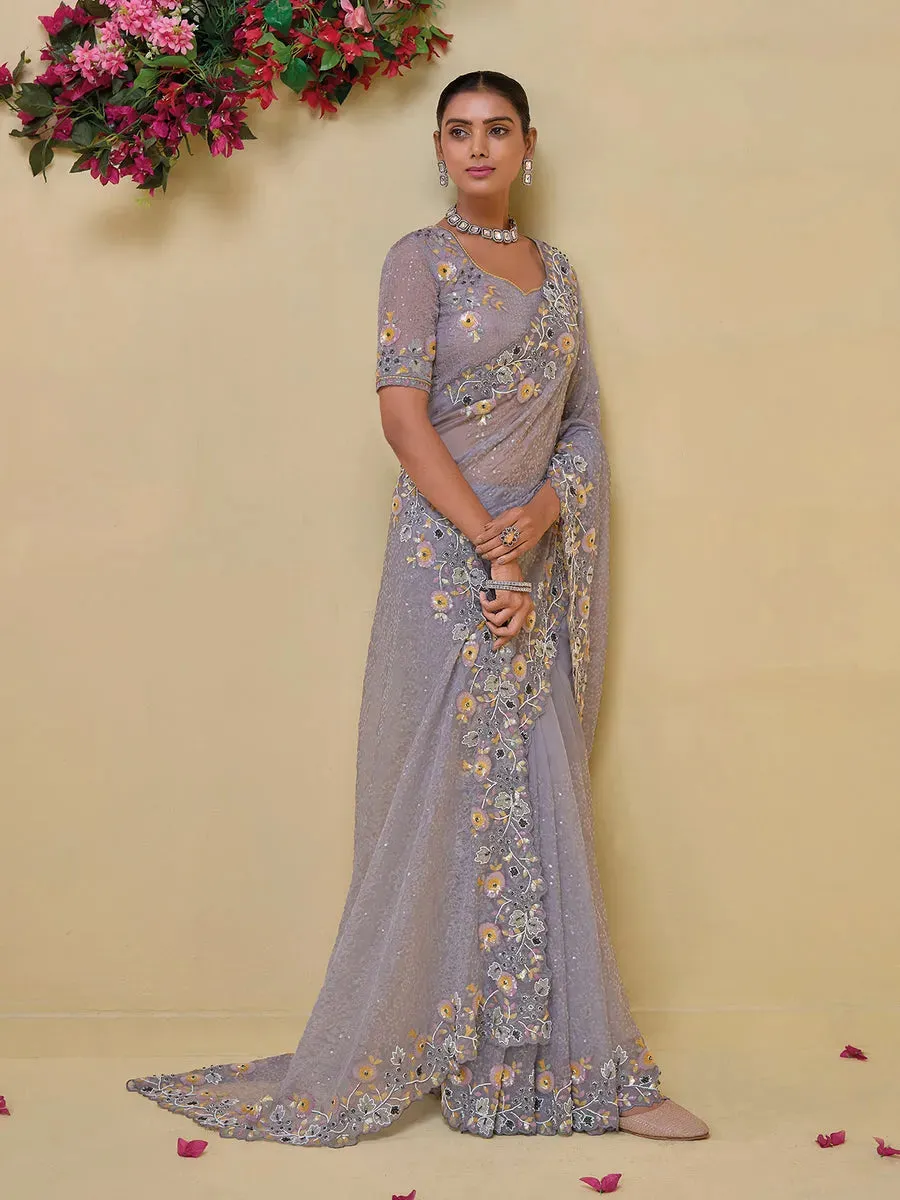 Graceful Grey Banarasi Silk Embroidered Saree