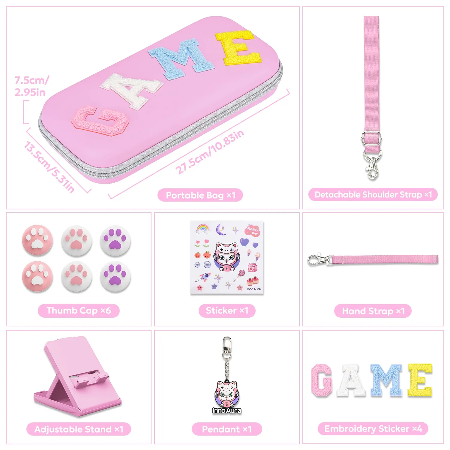 innoAura  Switch/OLED Case for NS, 16 in 1 Switch Accessories Bundles(Pink-grey Splicing)