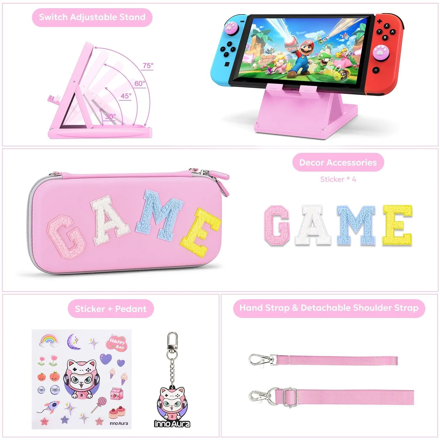 innoAura  Switch/OLED Case for NS, 16 in 1 Switch Accessories Bundles(Pink-grey Splicing)