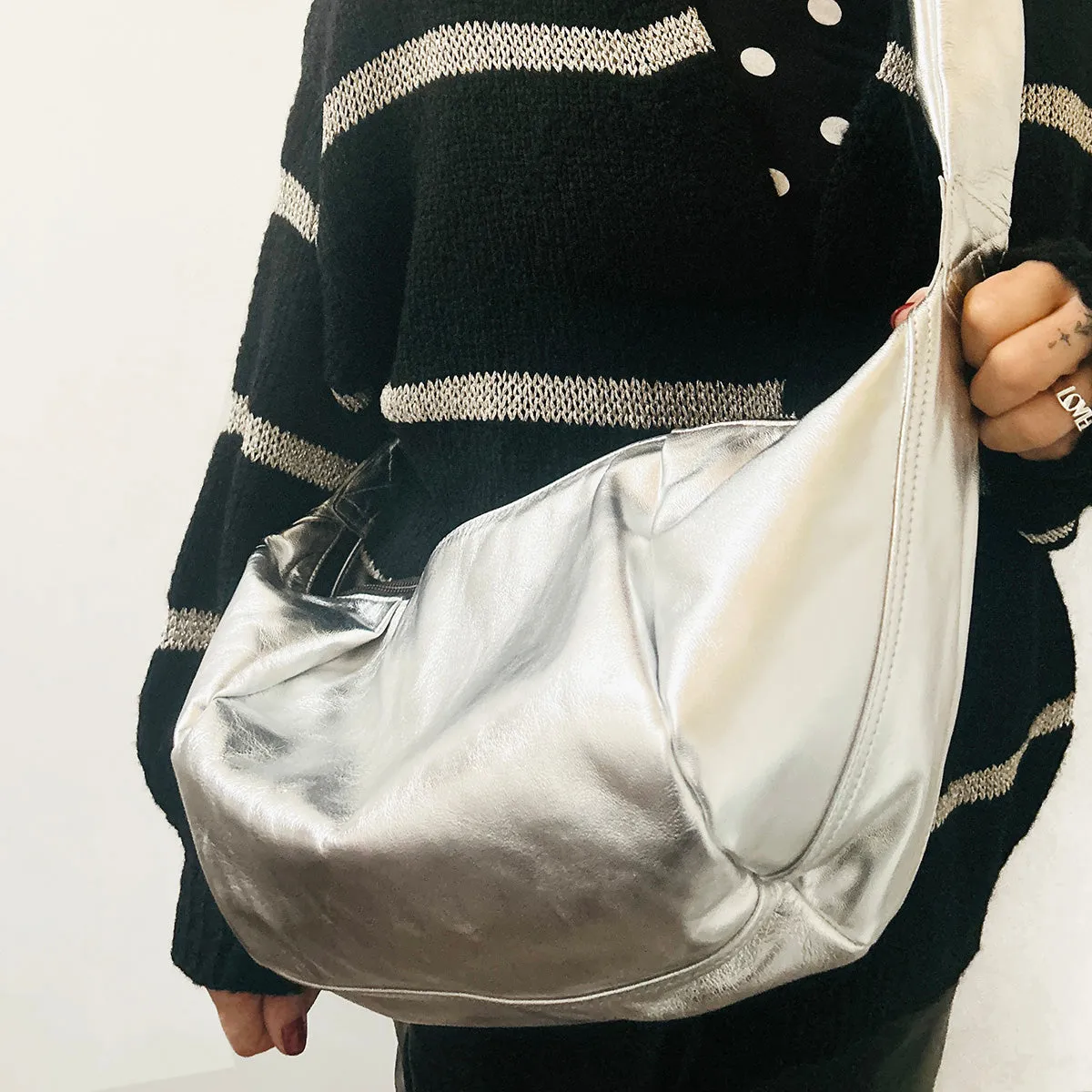 Large Silver Leather Crossbody Bag