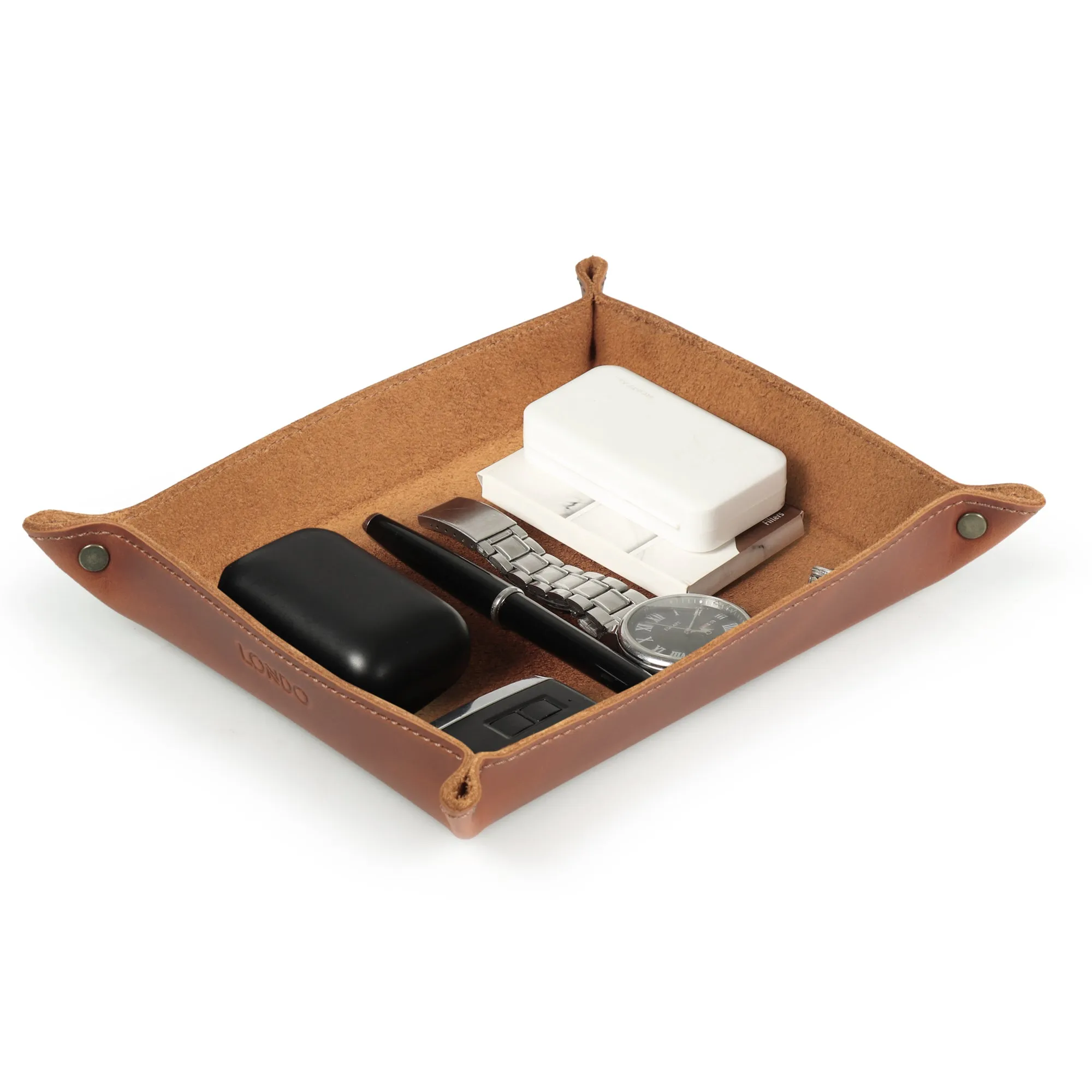 Londo Top Grain Leather Tray Organizer, Practical Storage Box for Wallets, Watches, Keys, Coins, Cell Phones and Office Equipment