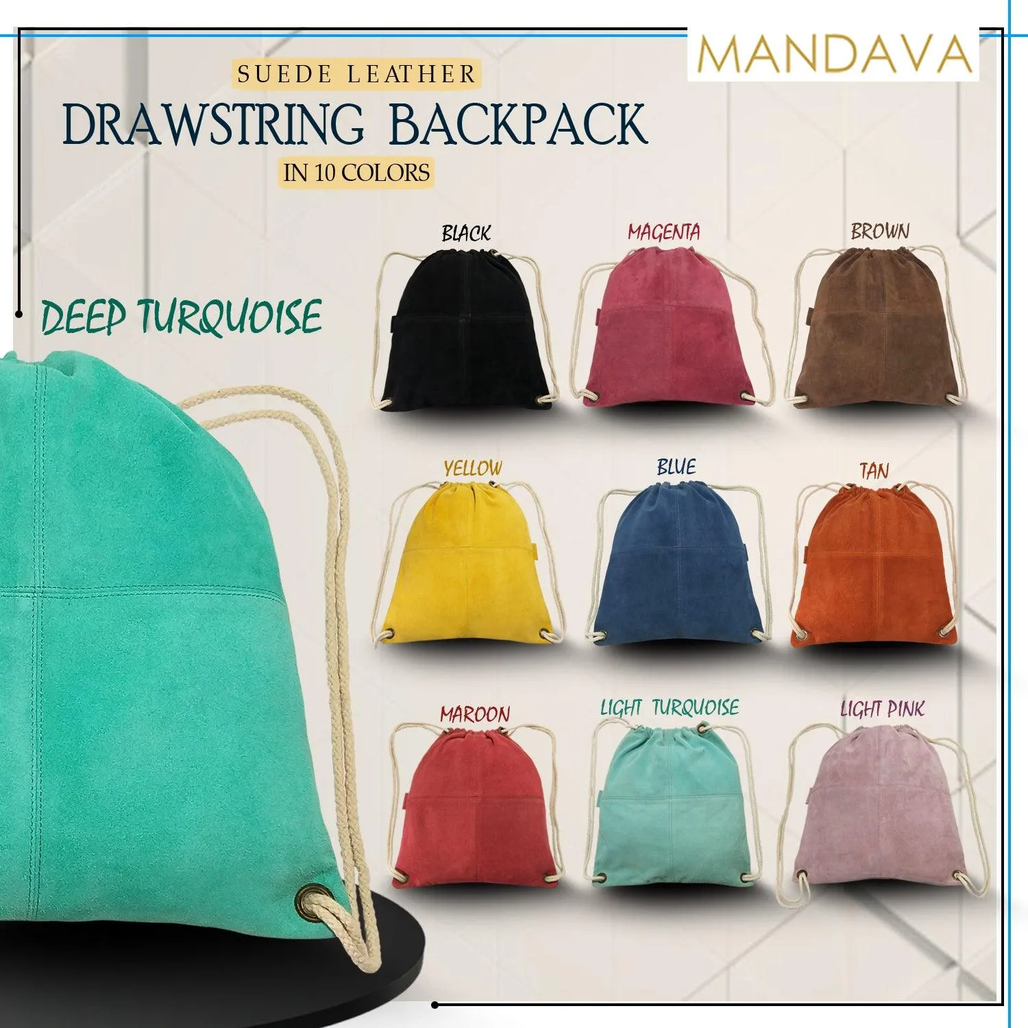 MANDAVA Suede Leather Drawstring Backpack Unisex Sack Cinch School/College/Gym Bag (Deep Turquoise)