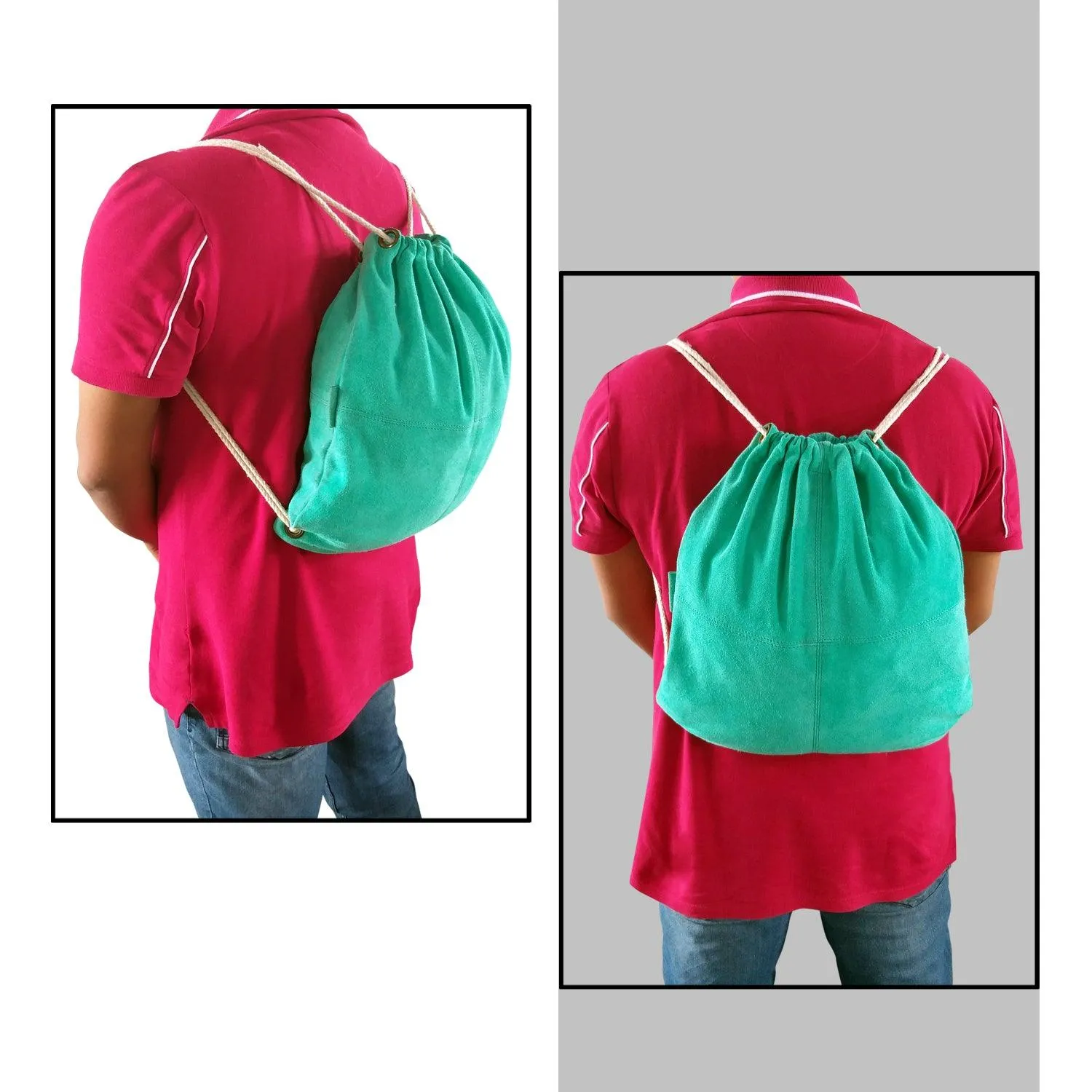 MANDAVA Suede Leather Drawstring Backpack Unisex Sack Cinch School/College/Gym Bag (Deep Turquoise)