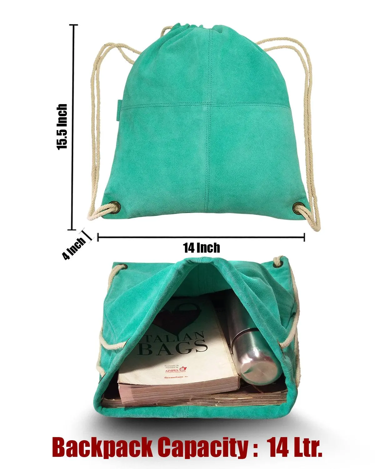 MANDAVA Suede Leather Drawstring Backpack Unisex Sack Cinch School/College/Gym Bag (Deep Turquoise)