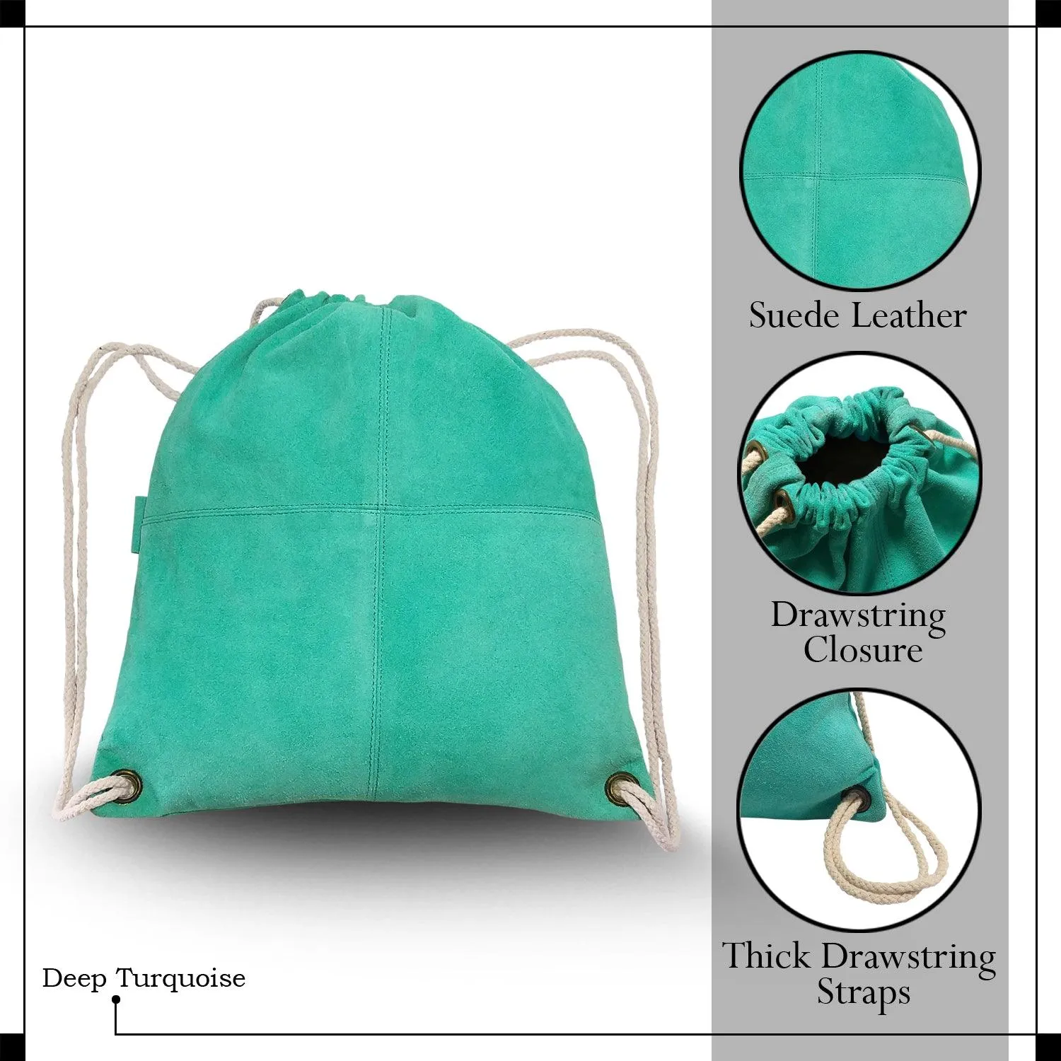MANDAVA Suede Leather Drawstring Backpack Unisex Sack Cinch School/College/Gym Bag (Deep Turquoise)