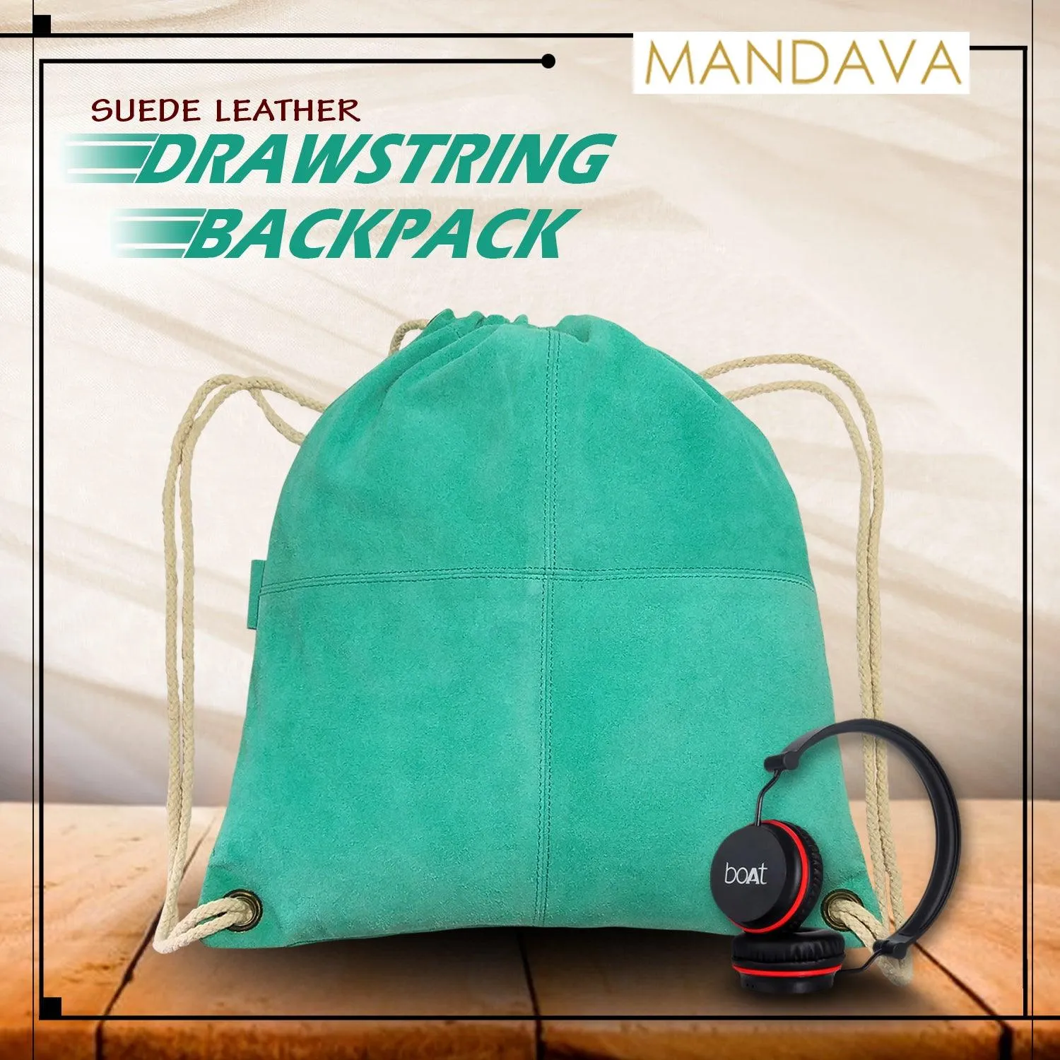 MANDAVA Suede Leather Drawstring Backpack Unisex Sack Cinch School/College/Gym Bag (Deep Turquoise)