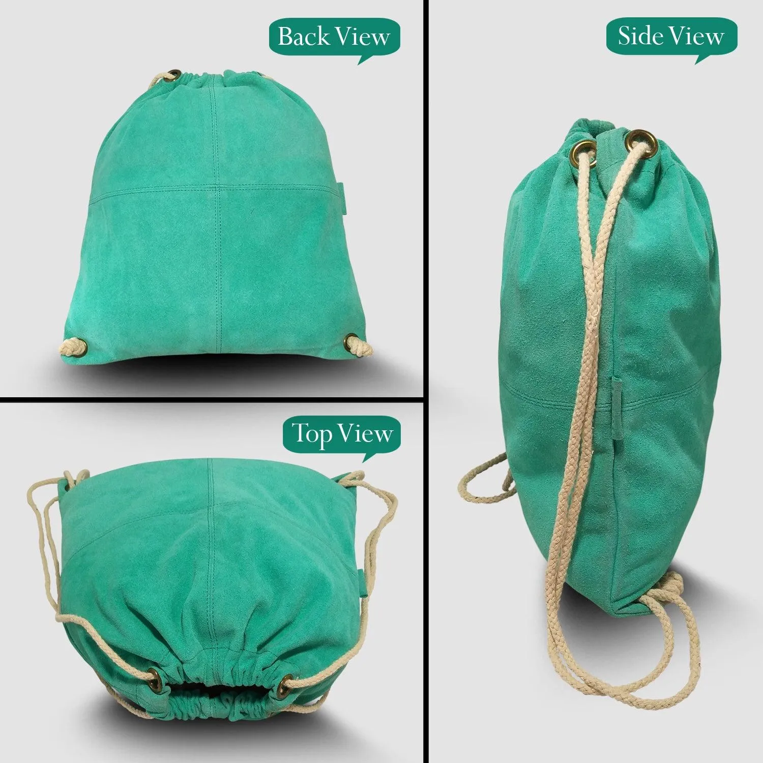 MANDAVA Suede Leather Drawstring Backpack Unisex Sack Cinch School/College/Gym Bag (Deep Turquoise)