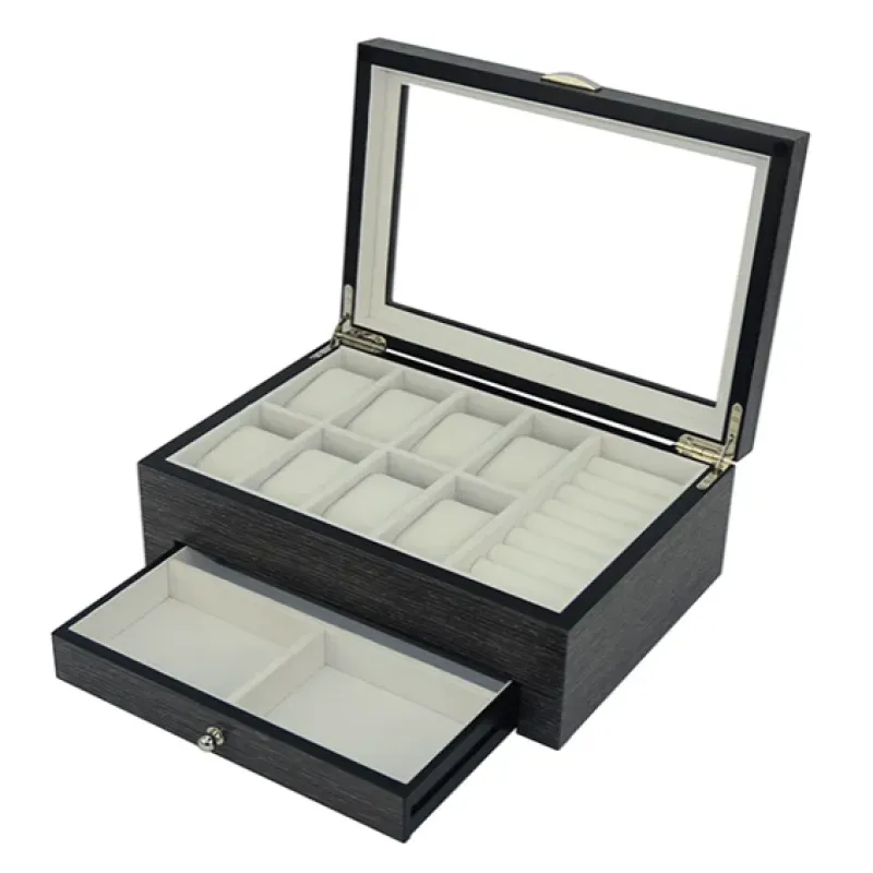 Matte Gingko Veneer Wooden Watch & Jewelry Box with Drawer