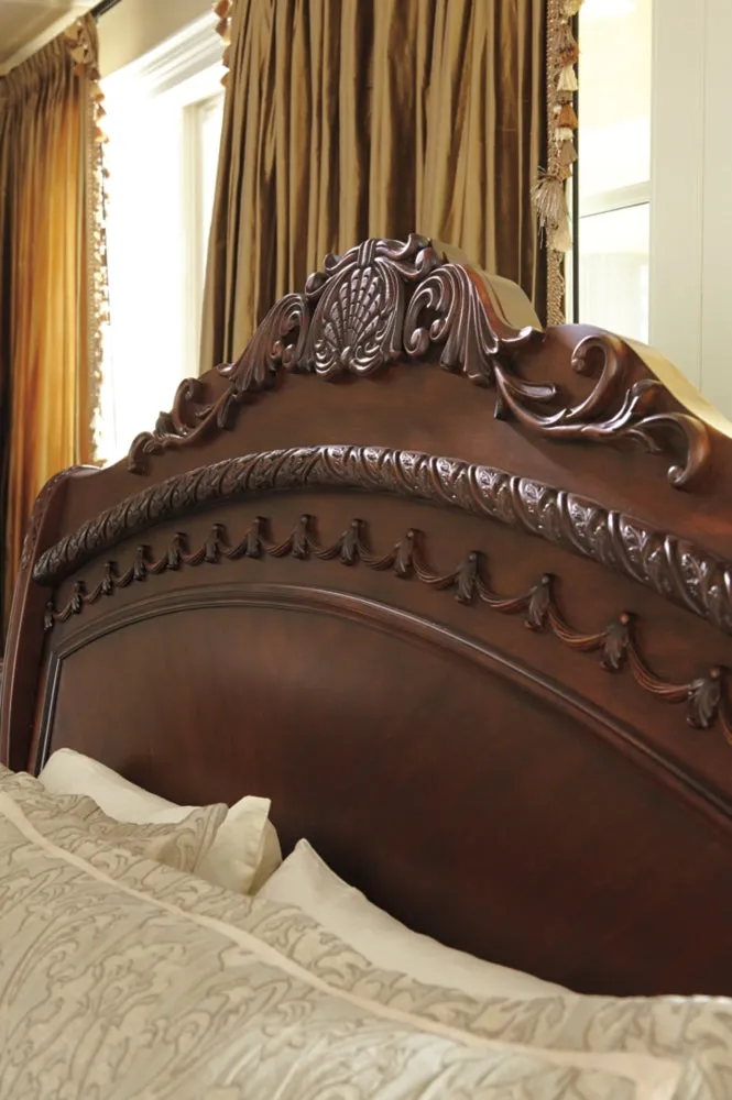 North Shore King Sleigh Bed with Mirrored Dresser, Chest and 2 Nightstands