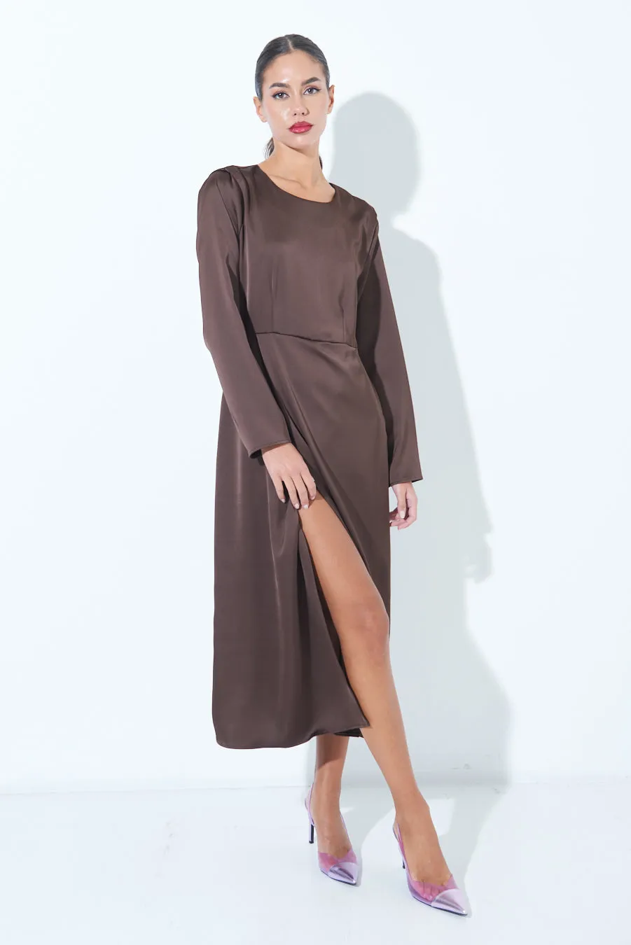 Satin long-sleeve midi dress with side slit wholesale