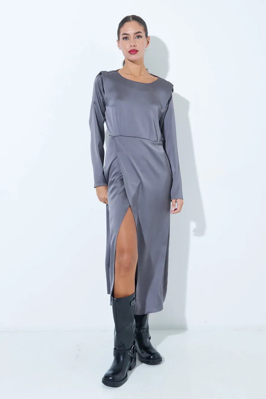 Satin long-sleeve midi dress with side slit wholesale