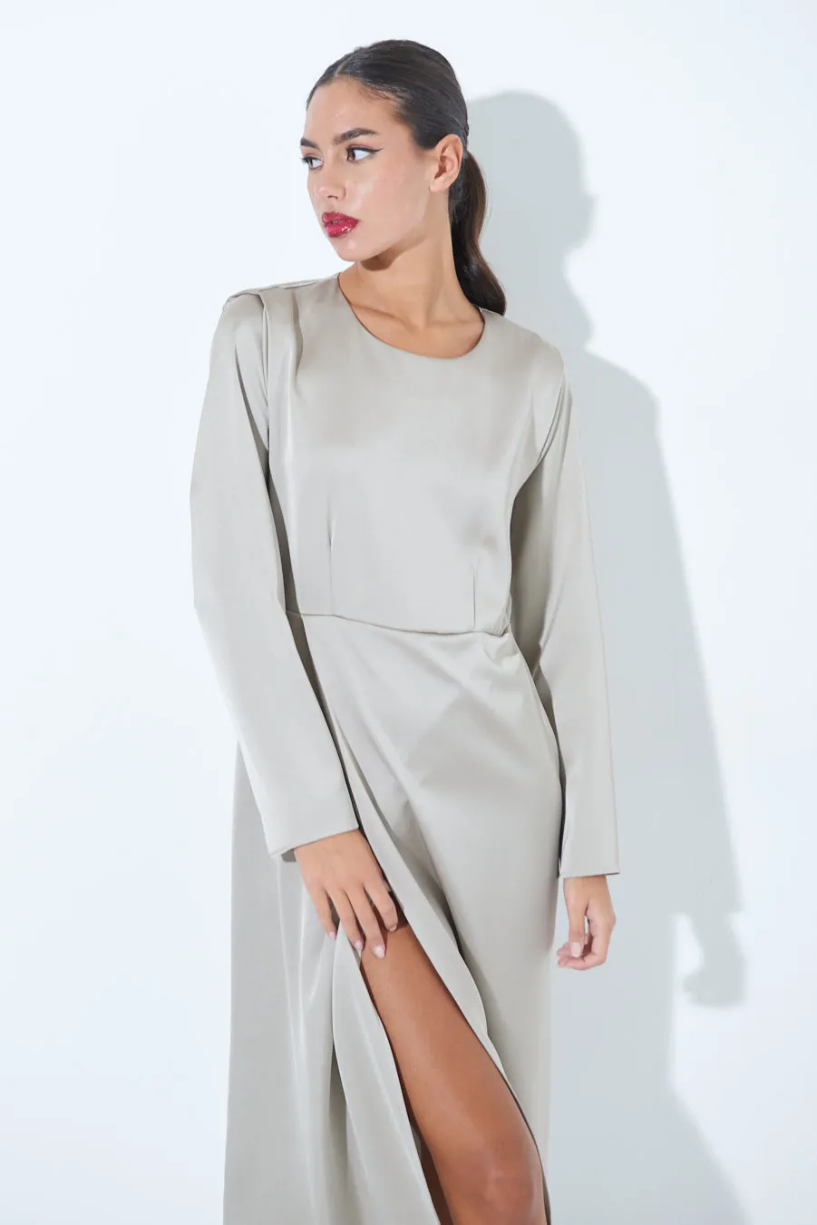 Satin long-sleeve midi dress with side slit wholesale