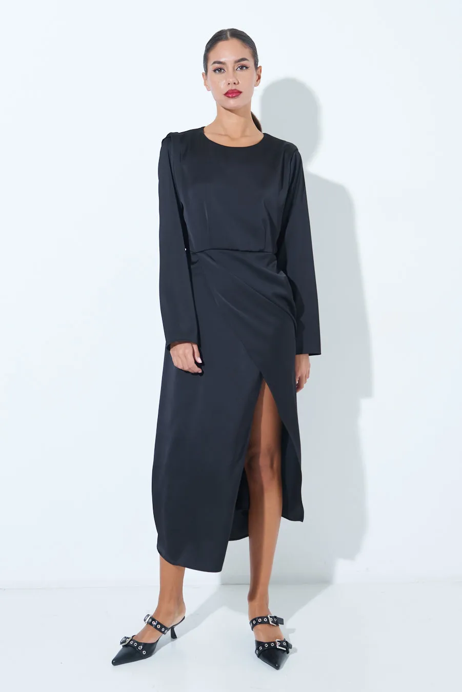 Satin long-sleeve midi dress with side slit wholesale