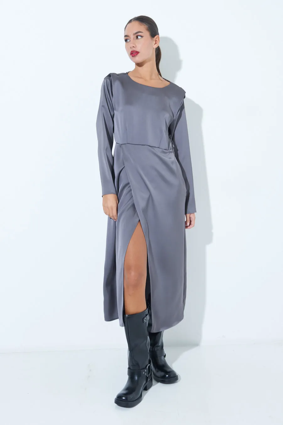 Satin long-sleeve midi dress with side slit wholesale