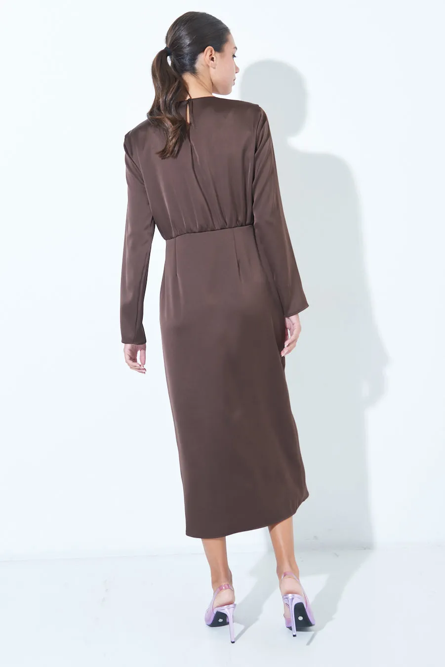 Satin long-sleeve midi dress with side slit wholesale