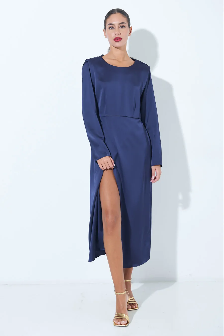 Satin long-sleeve midi dress with side slit wholesale