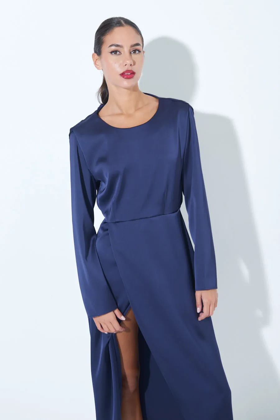 Satin long-sleeve midi dress with side slit wholesale