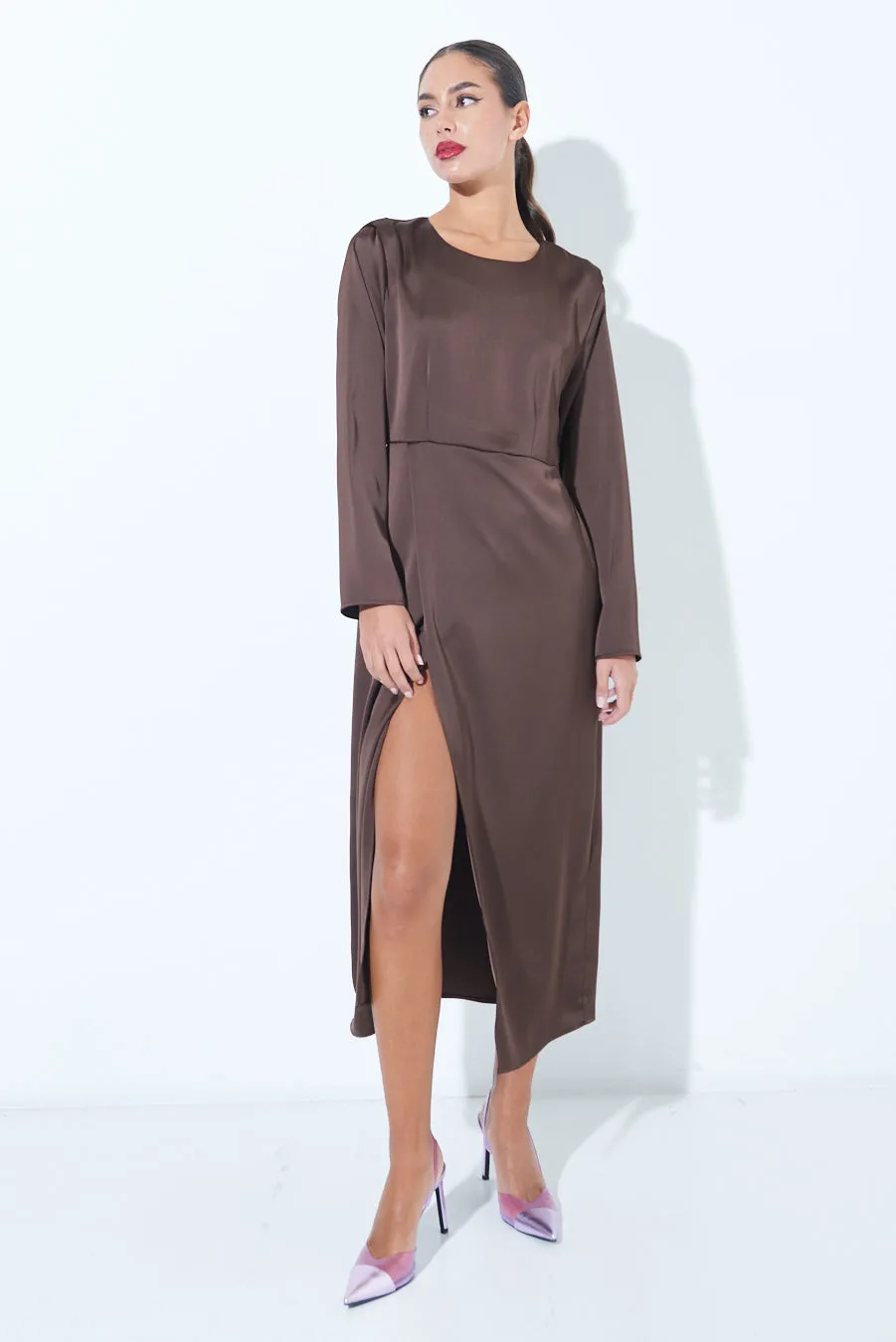 Satin long-sleeve midi dress with side slit wholesale