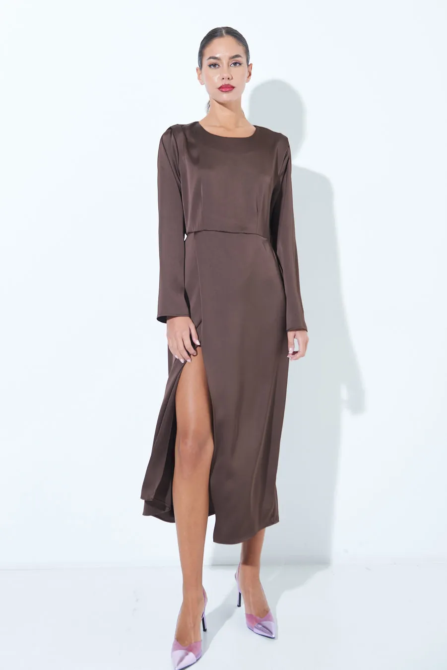 Satin long-sleeve midi dress with side slit wholesale