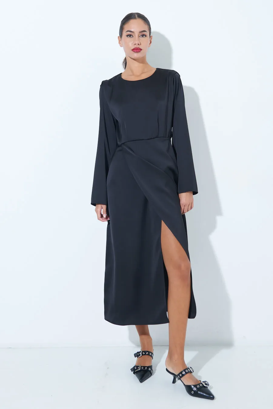 Satin long-sleeve midi dress with side slit wholesale
