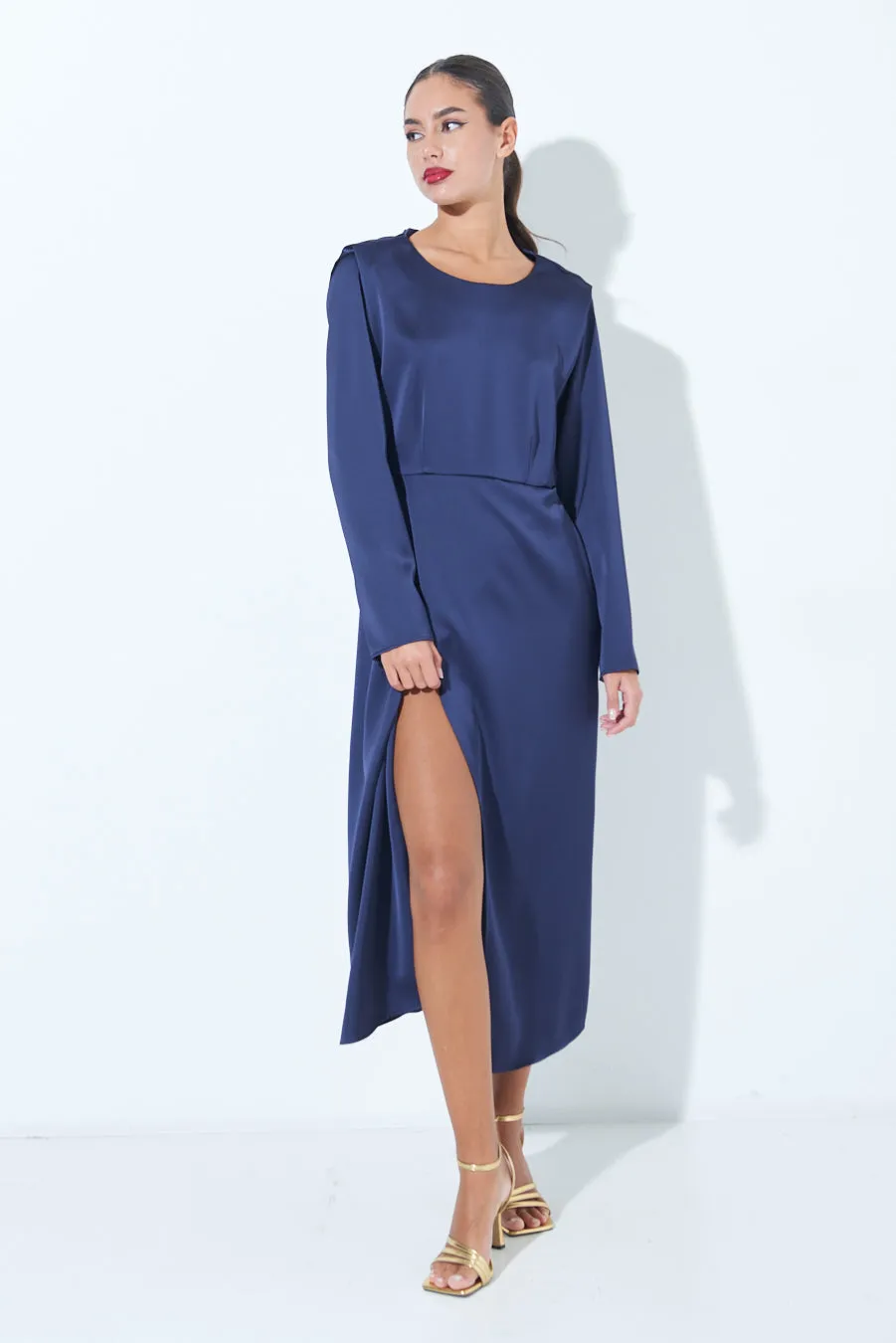 Satin long-sleeve midi dress with side slit wholesale