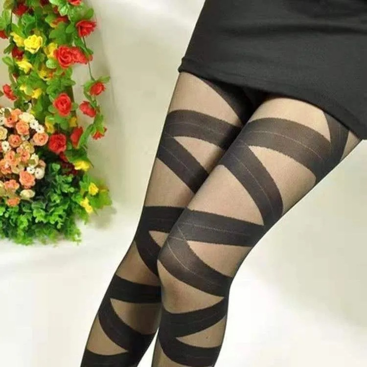 Sexy Women Goth Rocker Cross Bandage Straps AccessoryPantyhose Tights Stockings High Elastic Vintage Design