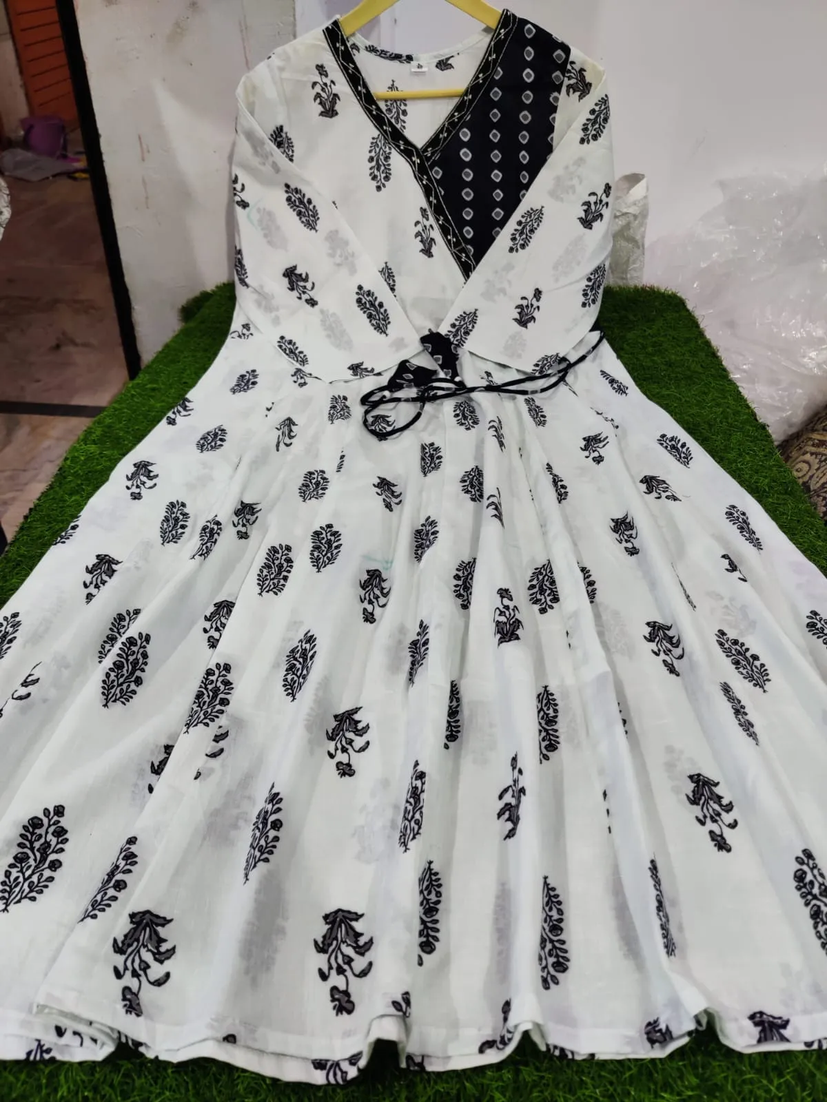 Striking Black and White Angrakha Kurta Set with Dupatta
