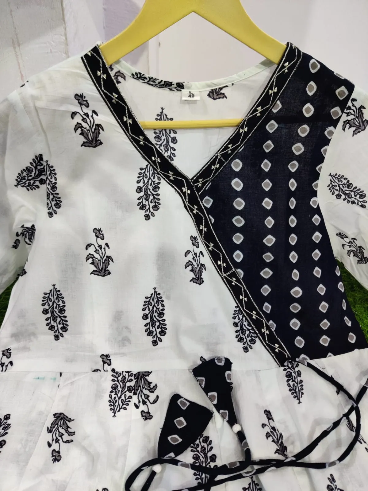 Striking Black and White Angrakha Kurta Set with Dupatta