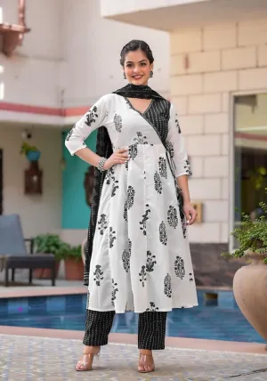 Striking Black and White Angrakha Kurta Set with Dupatta