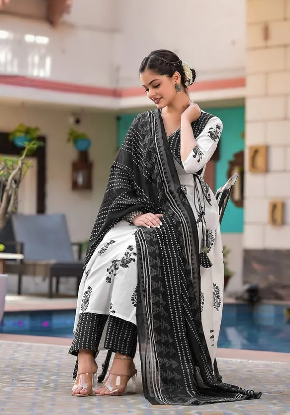 Striking Black and White Angrakha Kurta Set with Dupatta